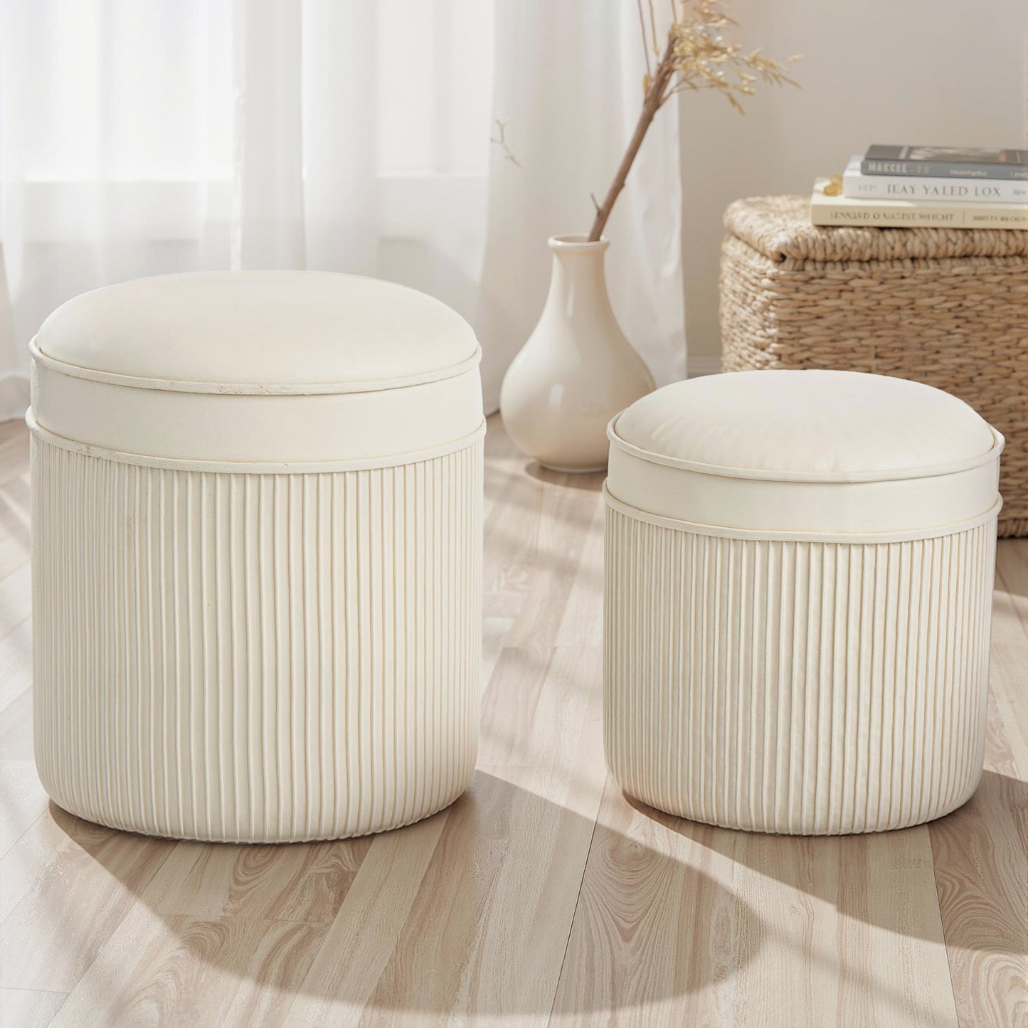 HOMCOM 2er Set Sitzhocker mit Stauraum Hocker mit Deckel, Runder Fußhocker mit Samtoptik 36 x 36 x 41,5 cm Cremeweiß