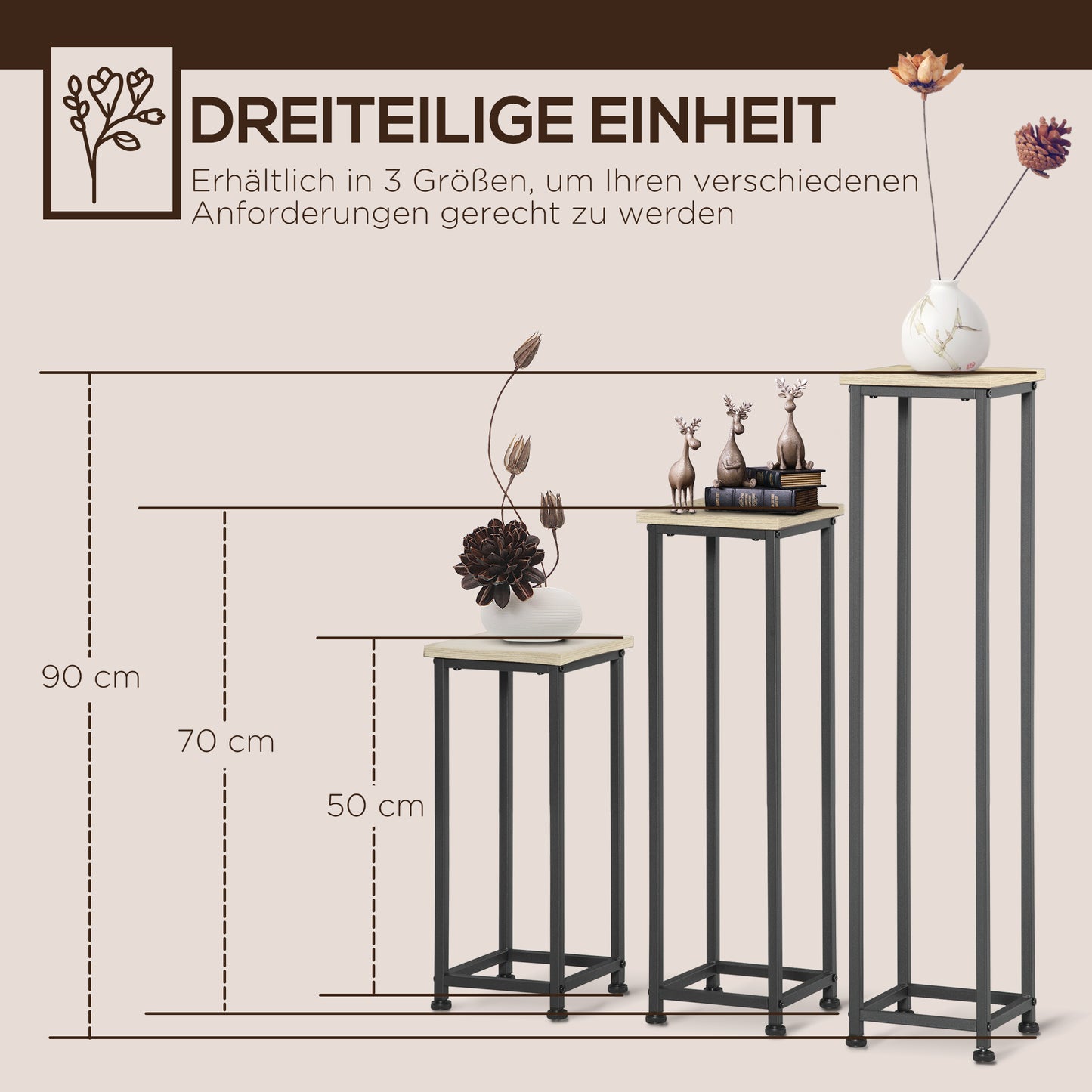 Outsunny 3-teiliges Set Pflanzenständer stapelbar platzsparend 21 cm x 21 cm x 50/70/90 cm Stahl Braun + Schwarz