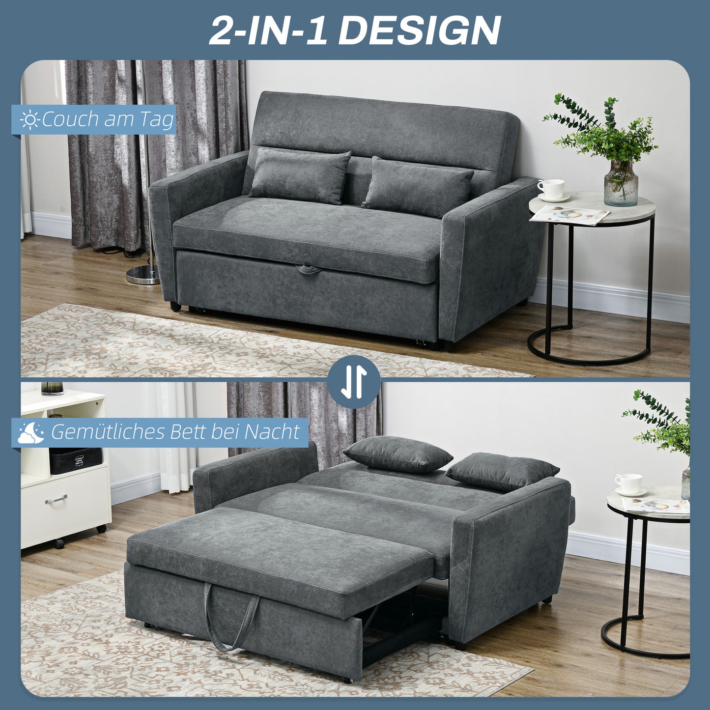 HOMCOM Schlafsofa, 2-Sitzer, ausklappbar, bis 200 kg, Holzrahmen, 155x90x88,5cm, Dunkelgrau