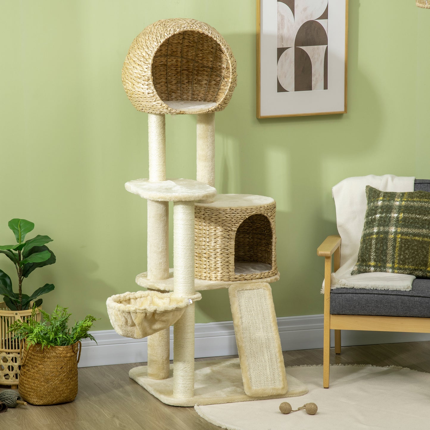 PawHut Kratzbaum, mit Katzenhaus, mehrere Plattformen, Hängematte, Kratzmatte, Kippschutz, beige, 60 x 60 x 150cm
