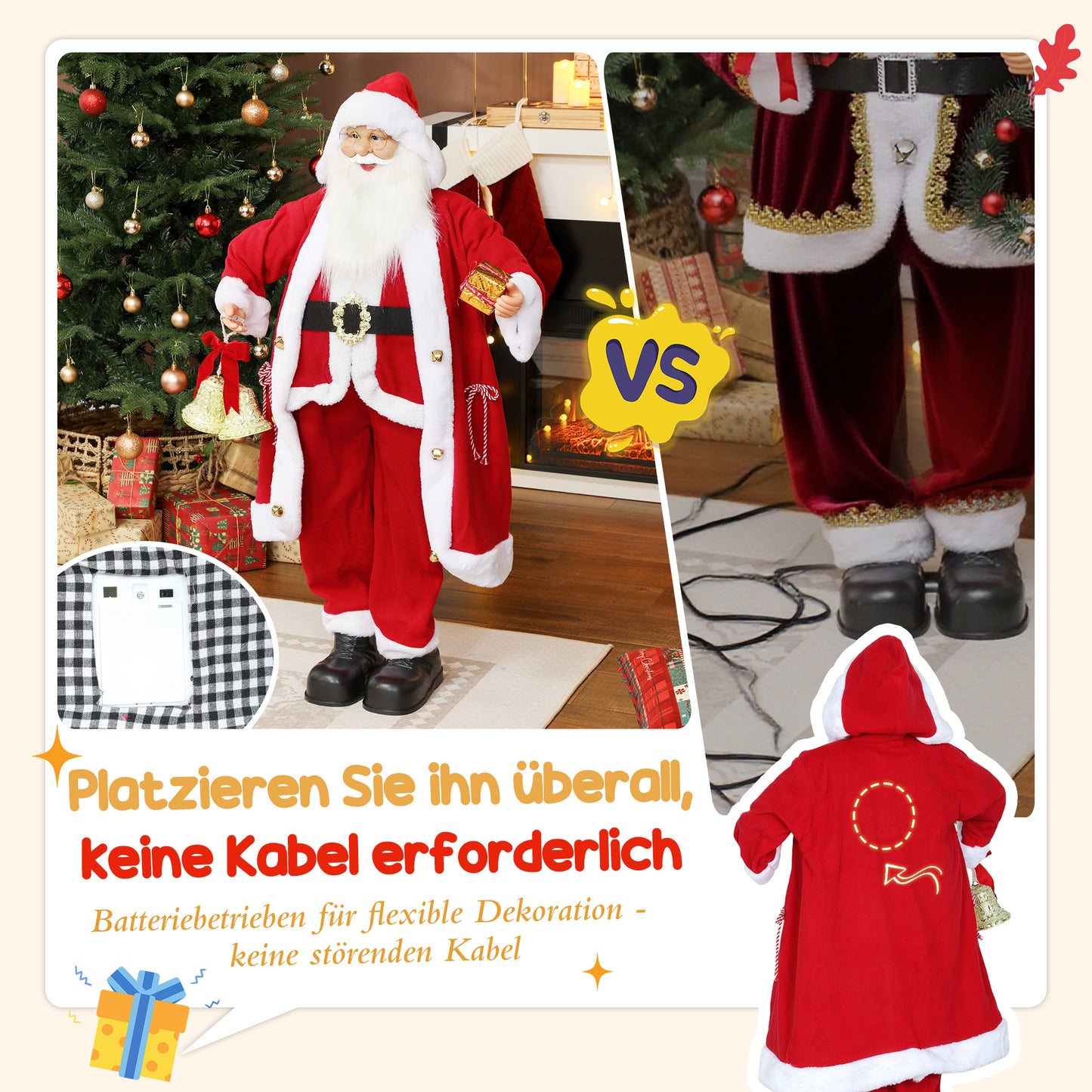 HOMCOM Weihnachtsmann 1,15 m stehende Weihnachtsmann mit Geschenk- und Weihnachtsglock Indoor, Rot