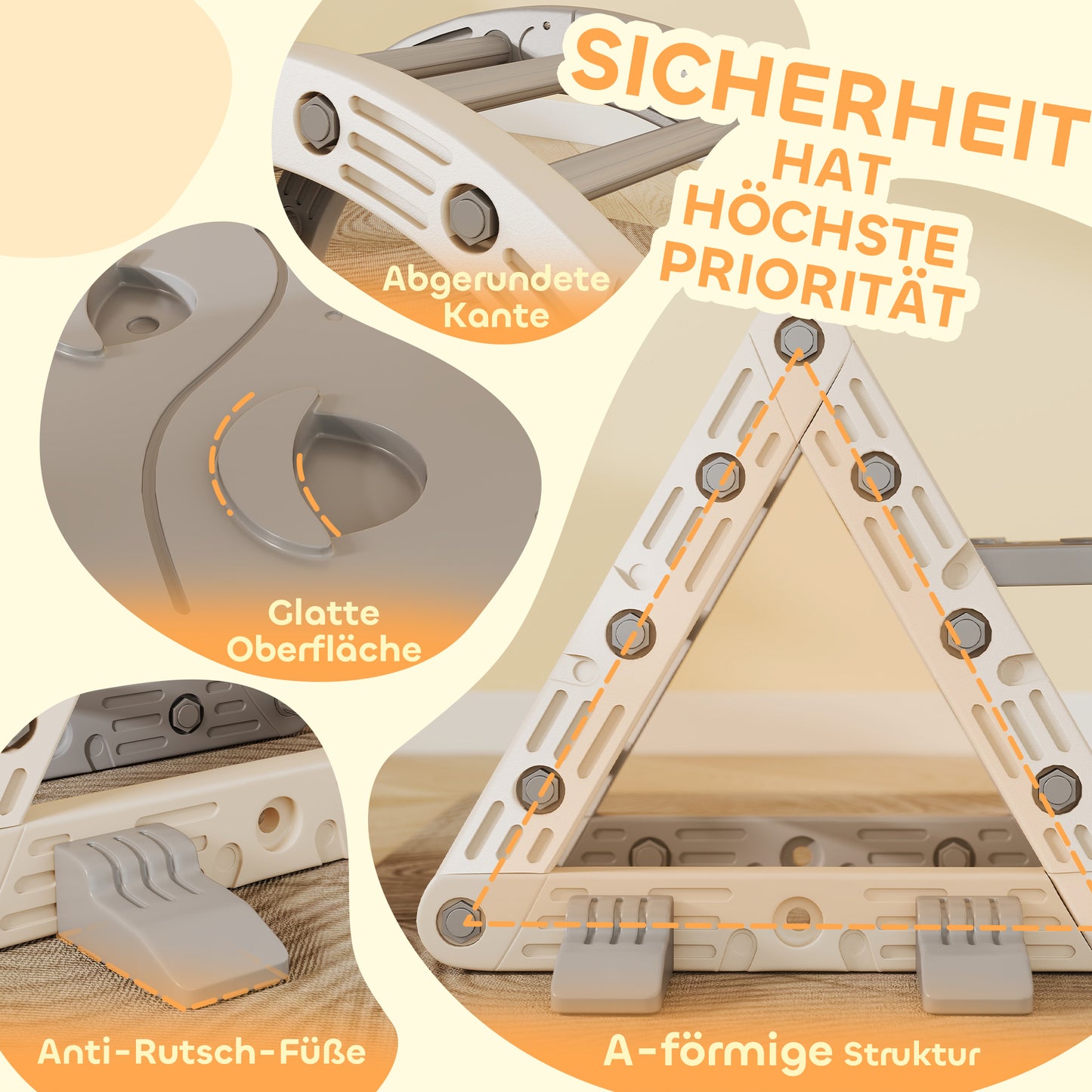AIYAPLAY Klettergerüst Indoor, 5 in 1 Kletterdreieck mit Rutsche, Kletterbogen, inkl. doppelseitige Rampe, Spielplatz Indoor für Kinder 18-48 Monate, Grau+Weiß
