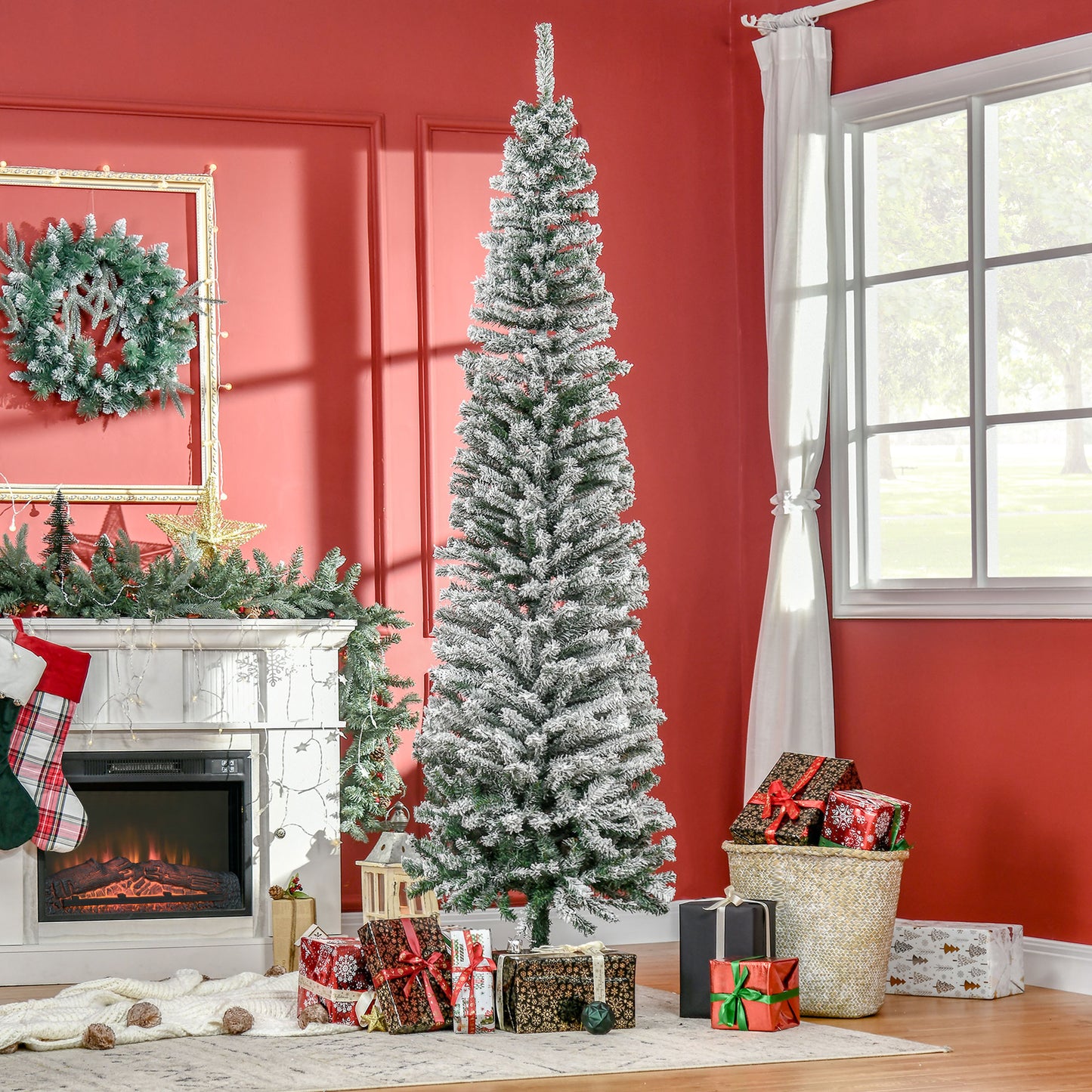 HOMCOM Künstlicher Weihnachtsbaum 225 cm Bleistift Kiefernbaum mit Schnee, 738 Spitzen für drinnen