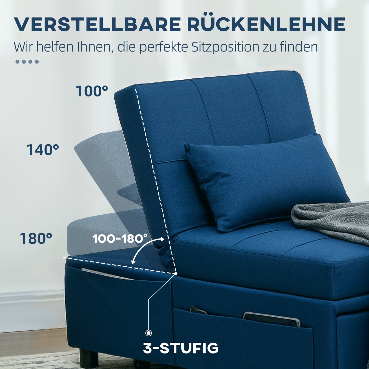 HOMCOM 3-in-1 Klappsessel mit Seitentasche, Gästebett mit Kissen, Verstellbarer Rückenlehne, Bettsessel mit Rollen, Blau