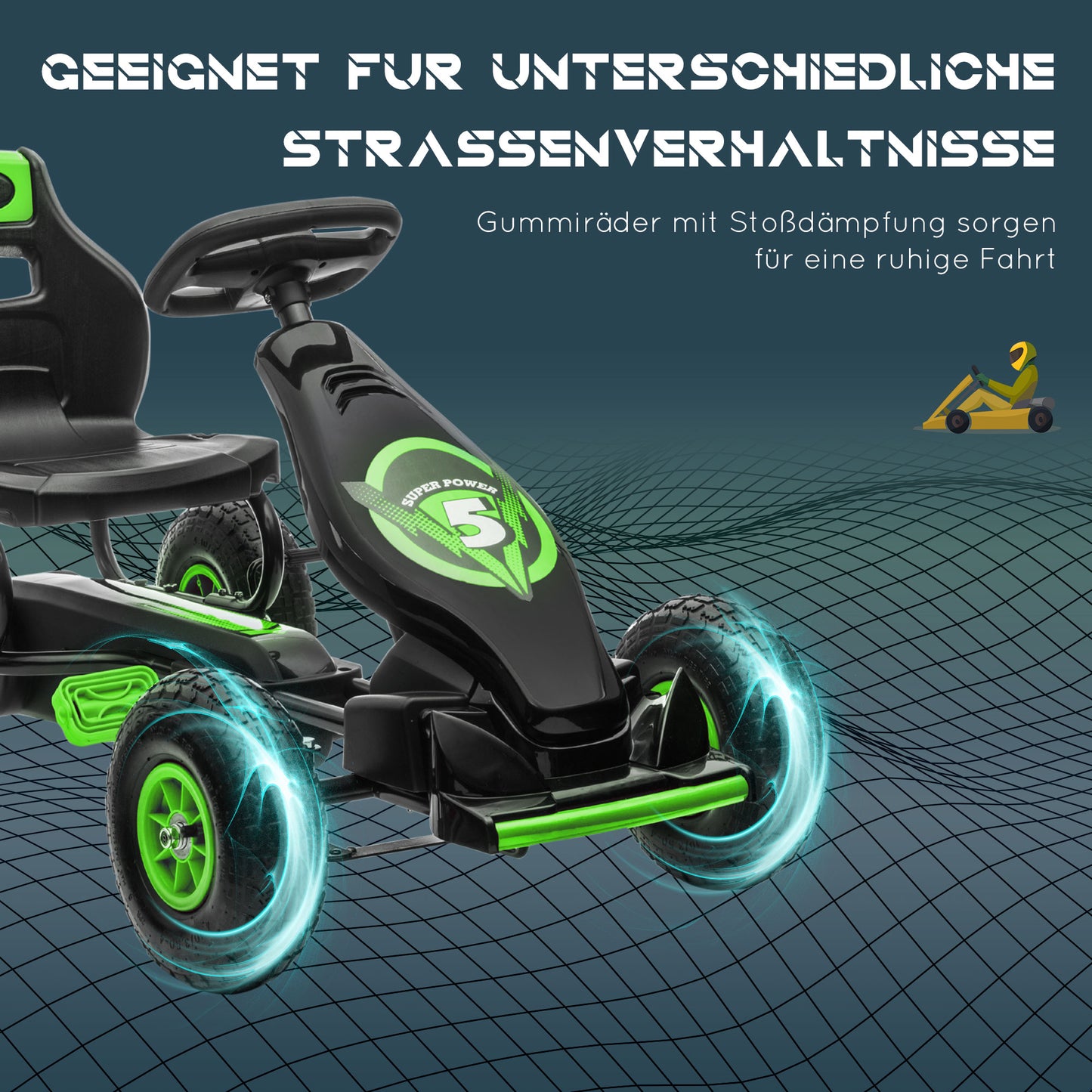 HOMCOM Kinder-Gokart، mit Pedalen، verstellbarem Sitz، In- und Outdoor، ab 5 Jahren، Grün+Schwarz، 121 × 58 × 61 سم