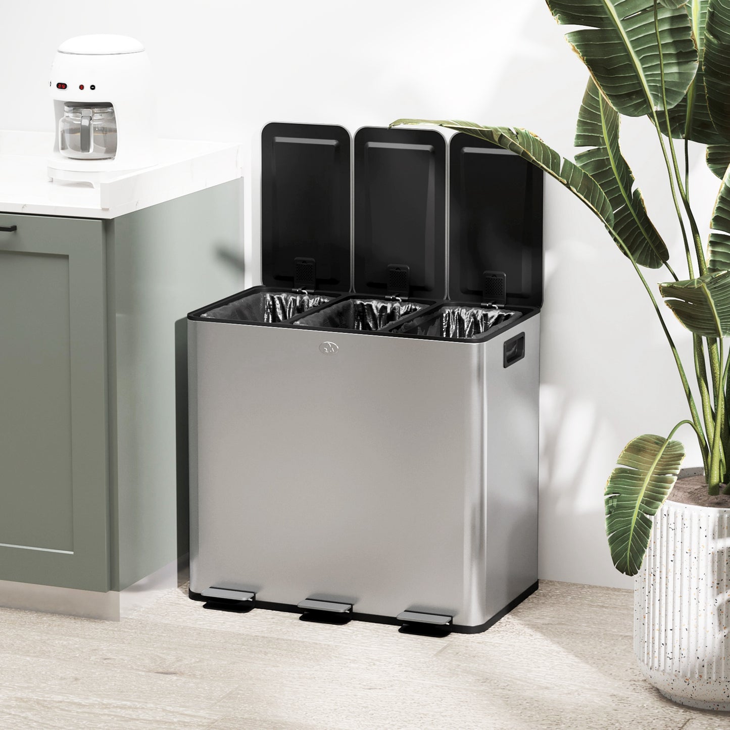 HOMCOM Mülleimer mit 3 x 20 L Fächern, Deodorant-Deckel, fingerabdrucksicher, Soft-Close, herausnehmbar, Silber