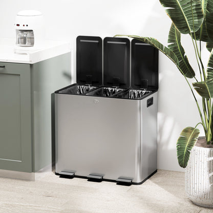 HOMCOM Mülleimer mit 3 x 20 L Fächern, Deodorant-Deckel, fingerabdrucksicher, Soft-Close, herausnehmbar, Silber