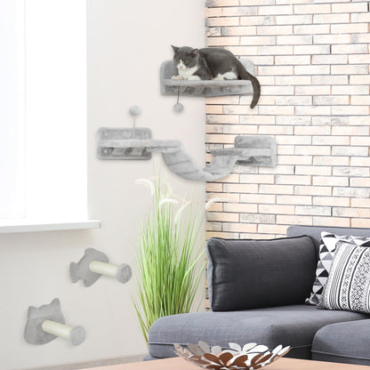 PawHut Katzentreppen-Set, 4-teilig, Kratzmöbel mit Sisal-Stufen, doppelter Plattform, Hellgrau/Cremeweiß