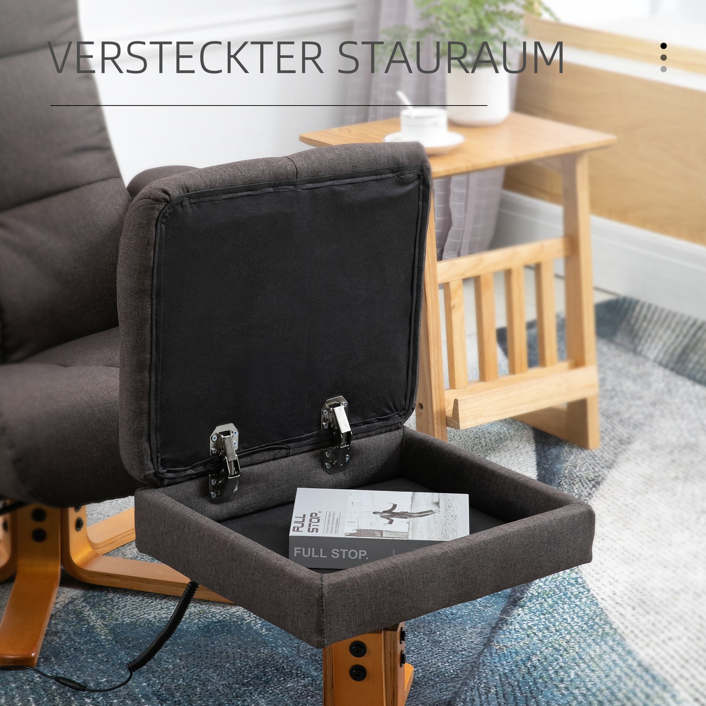 HOMCOM Relaxsessel mit Fußhocker, Stauraum, Elektrischer Massagesessel mit Liegefunktion, Drehbarer Fernsehsessel mit Seitentasche, Fernbedienung, Holzrahmen, Polyester, Braun