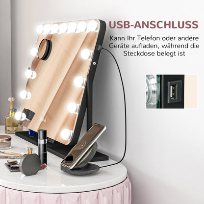 HOMCOM LED Kosmetikspiegel، 3 Lichtmodi، dimmbar، Touchsteuerung، USB، 62,5x49,5 سم، أسود