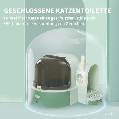 PawHut Katzentoilette, 2 herausziehbare Bodenwannen, 1 Schaufel, Streuauffangfach, abnehmbare Haube, Grün + Schwarz