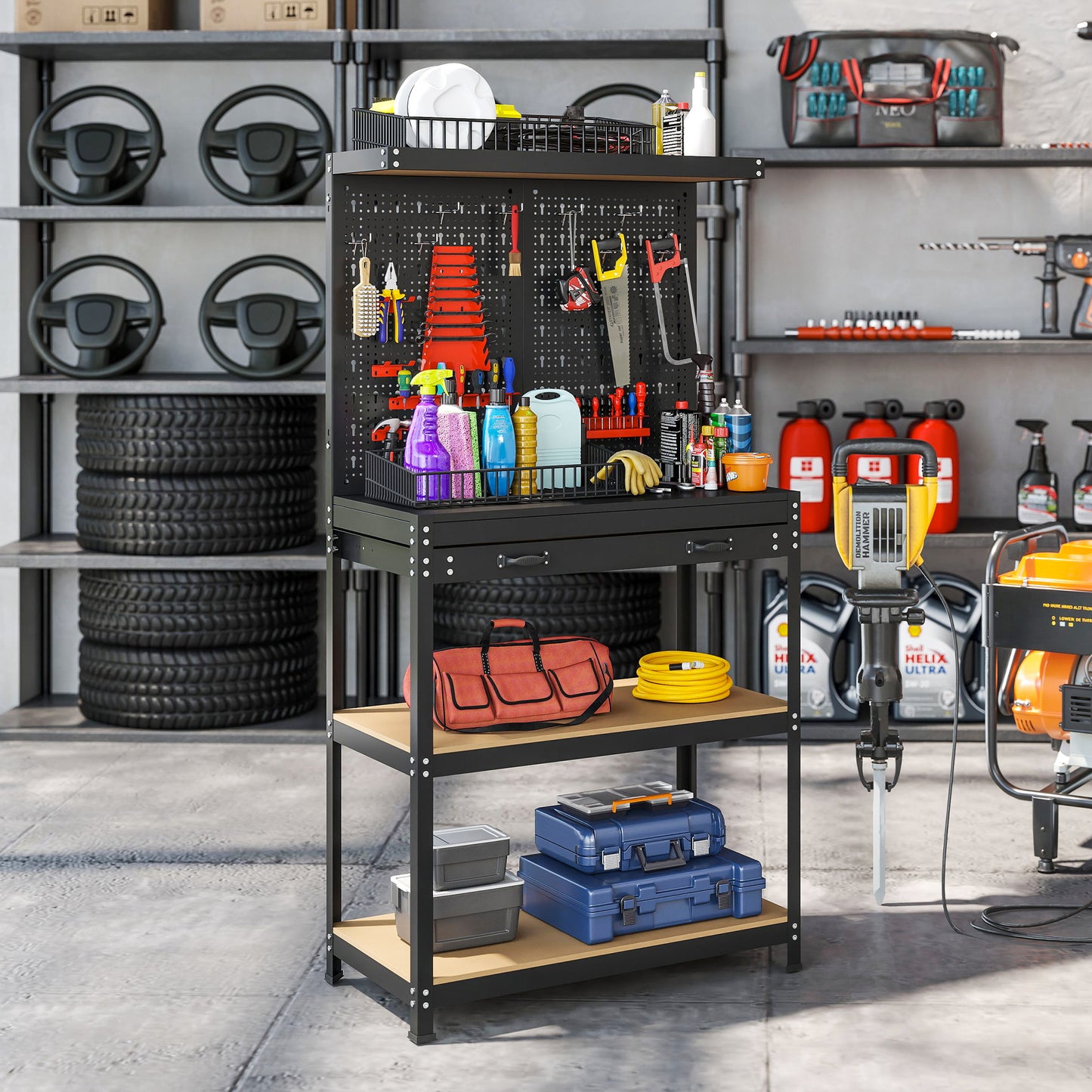 HOMCOM Werkbank 80 x 40,5 x 155 cm Werkzeugbank mit Lochwand, Haken, Schublade, 2 Ablagen für Werkstatt Schwarz