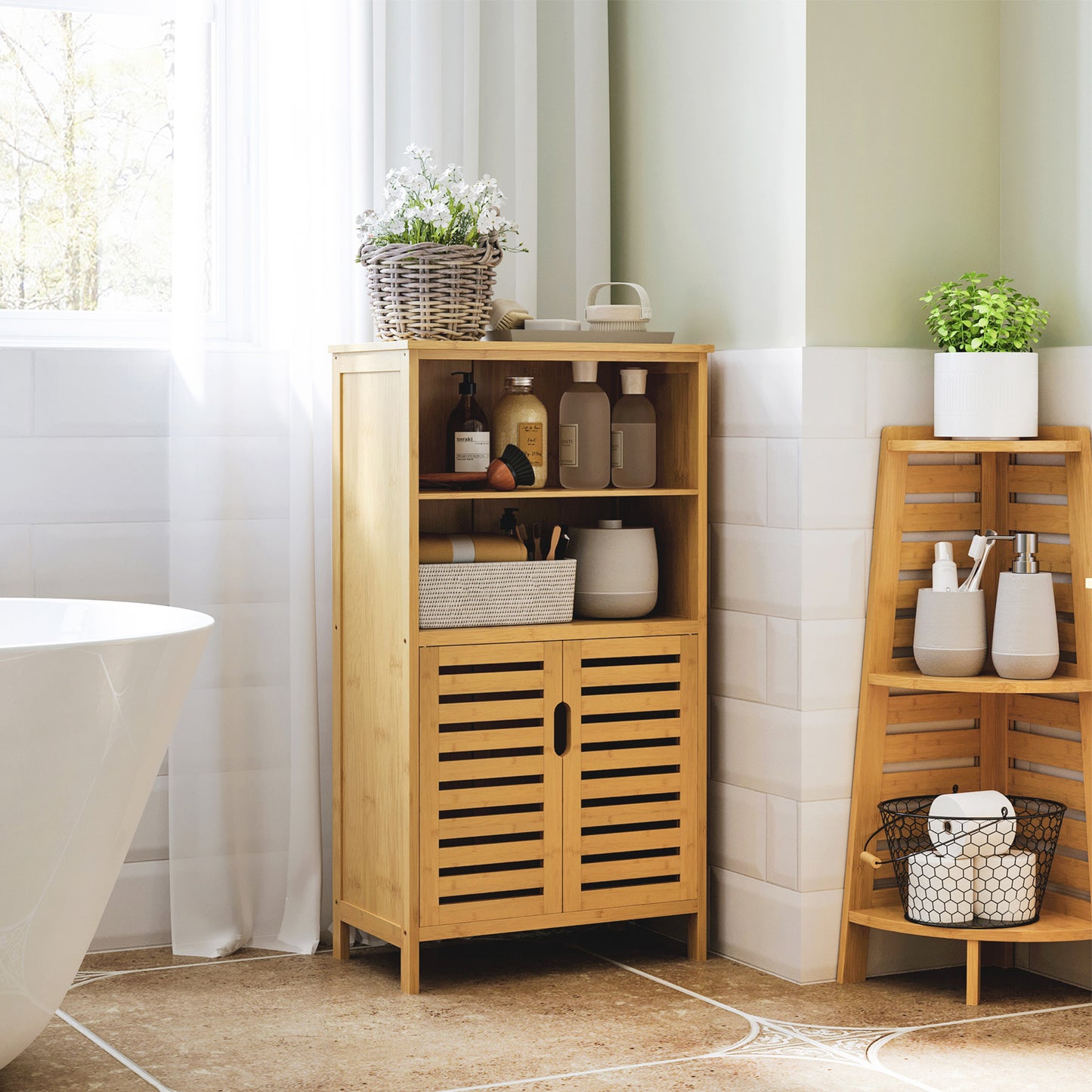 kleankin Badezimmerschrank aus Bambus, mit Lamellentüren, 2 Regale, 1 Schrank, 50 cm x 29 cm x 92 cm, Natur