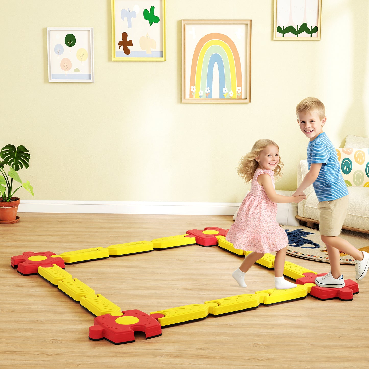 AIYAPLAY Kinder Schwebebalken-Set, frei gestaltbar, Kunststoff, flexible Teile, Gelb+Rot