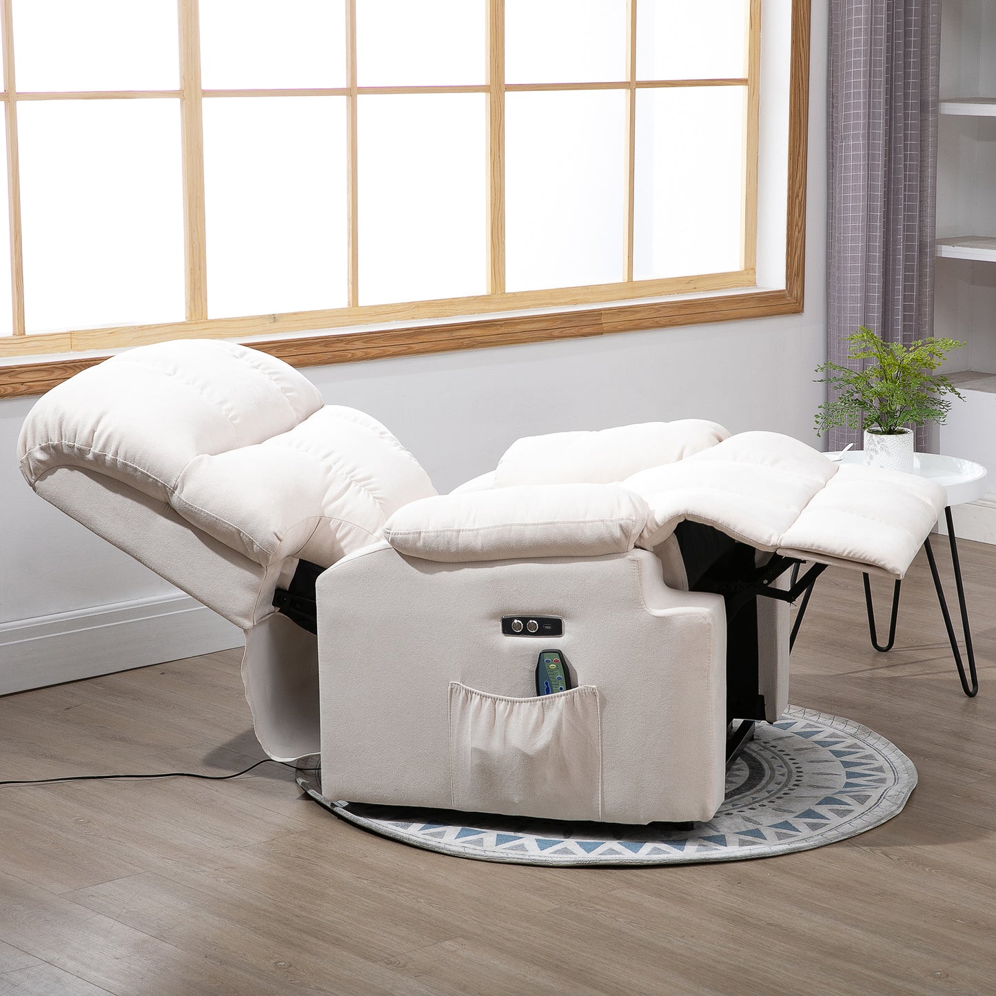 HOMCOM Sessel mit Aufstehhilfe, Massagesessel, Relaxsessel mit USB-Anschluss, Fernsehsessel mit Fernbedienung, Seitentasche, Neigebarer TV-Sessel mit Samtoptik, Beige