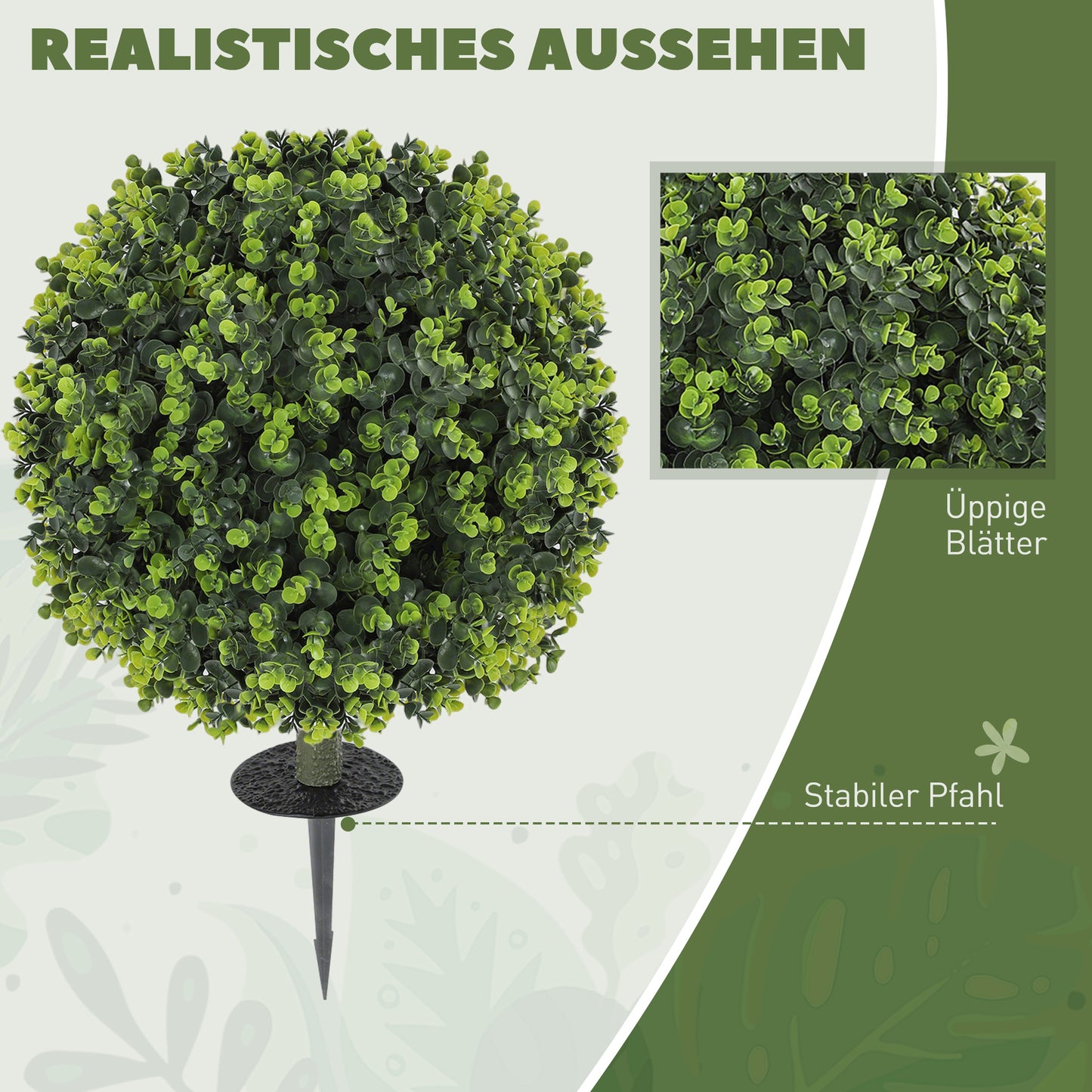 HOMCOM 2er-Set Kunstpflanzen, Künstliche Buchsbaumkugeln mit Bodenpfahl, für drinnen und draußen, UV-beständig, Grün