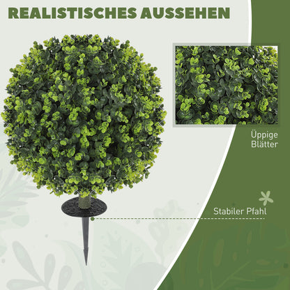HOMCOM 2er-Set Kunstpflanzen, Künstliche Buchsbaumkugeln mit Bodenpfahl, für drinnen und draußen, UV-beständig, Grün