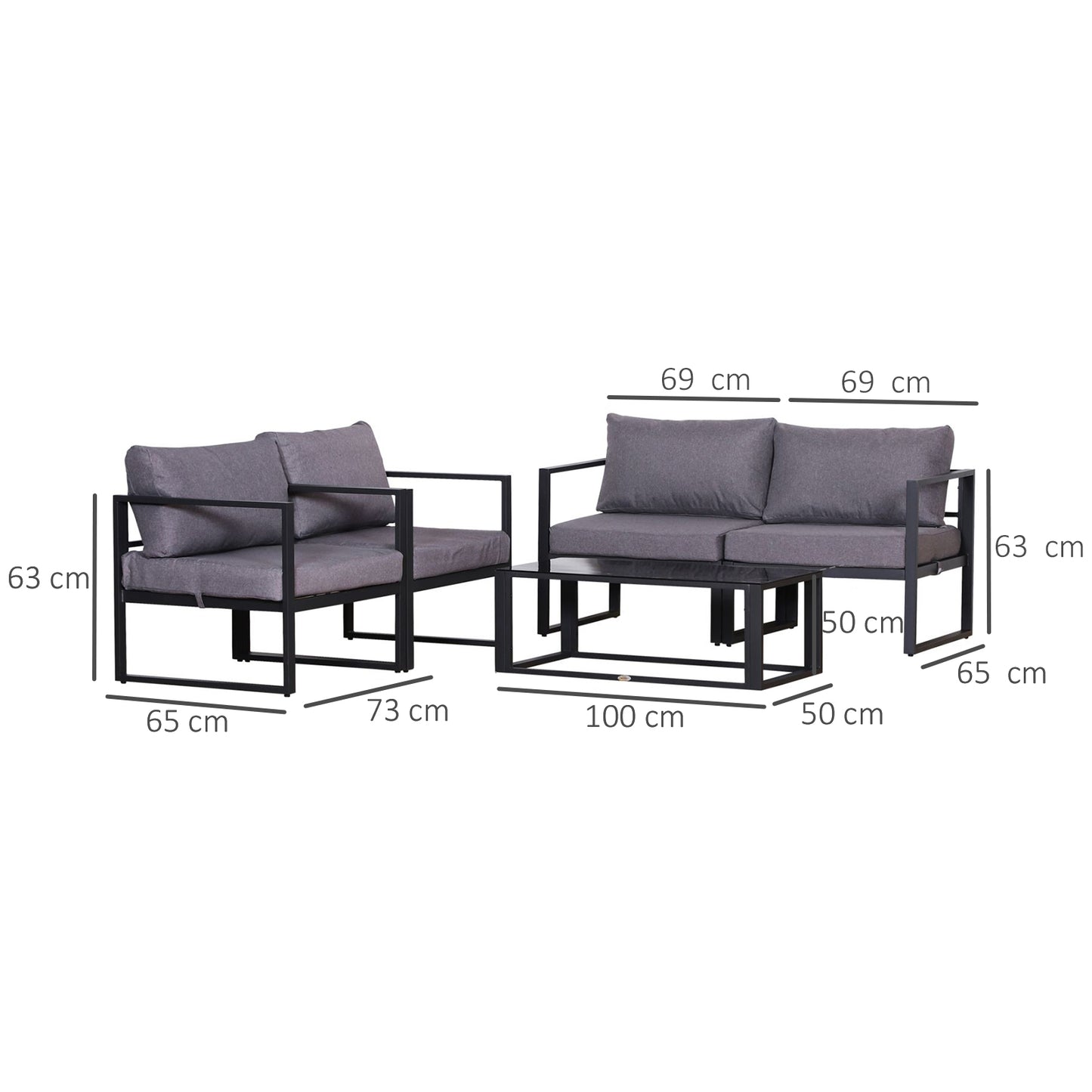 Outsunny Vierteiliges Gartenmöbel Set, Sitzgruppe, Sofa mit Sitzkissen, Tisch mit Stauraum, Polyester, Grau, 138 x 69 x 63 cm