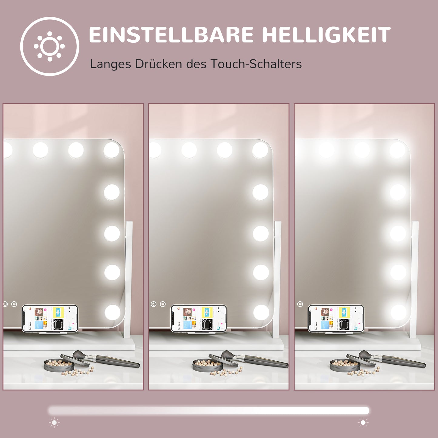 HOMCOM LED-Kosmetikspiegel, 3 Lichtmodi, dimmbar, Touchsteuerung, USB, 62,5 x 49,5cm, Weiß
