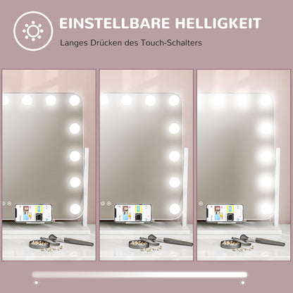 HOMCOM LED-Kosmetikspiegel, 3 Lichtmodi, dimmbar, Touchsteuerung, USB, 62,5 x 49,5cm, Weiß