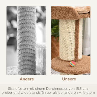 PawHut Kratzbaum 91 cm Katzenturm mit Sisalstämme, Plattform, Kissen mehrstöckiger Katzenkratzbaum, Kletterbaum, für mittelgroße Katzen, Hellbraun