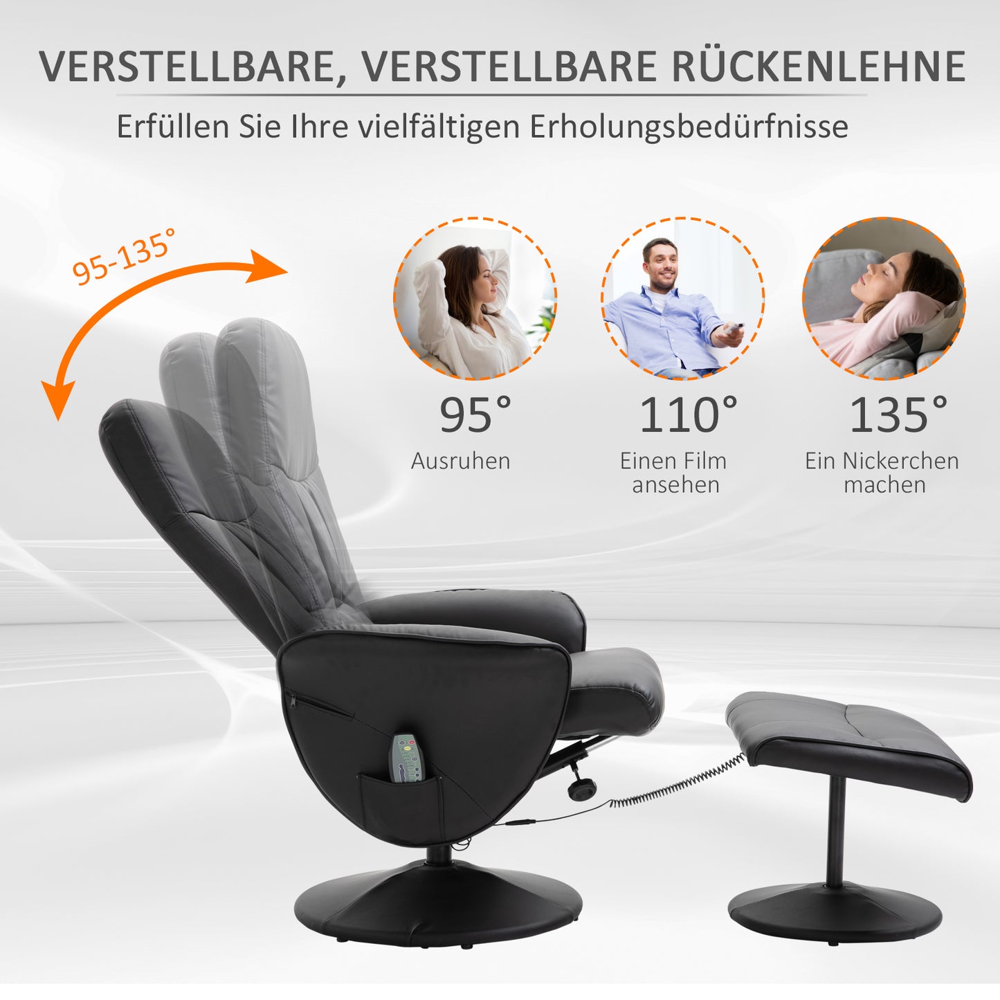 HOMCOM Relaxsessel mit Fußhocker, Elektrischer Massagesessel mit Liegefunktion, 10 Massagepunkte, Drehbarer Fernsehsessel mit Seitentasche, Fernbedienung, Kunstleder, Schwarz