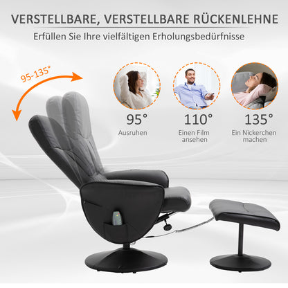 HOMCOM Relaxsessel mit Fußhocker, Elektrischer Massagesessel mit Liegefunktion, 10 Massagepunkte, Drehbarer Fernsehsessel mit Seitentasche, Fernbedienung, Kunstleder, Schwarz
