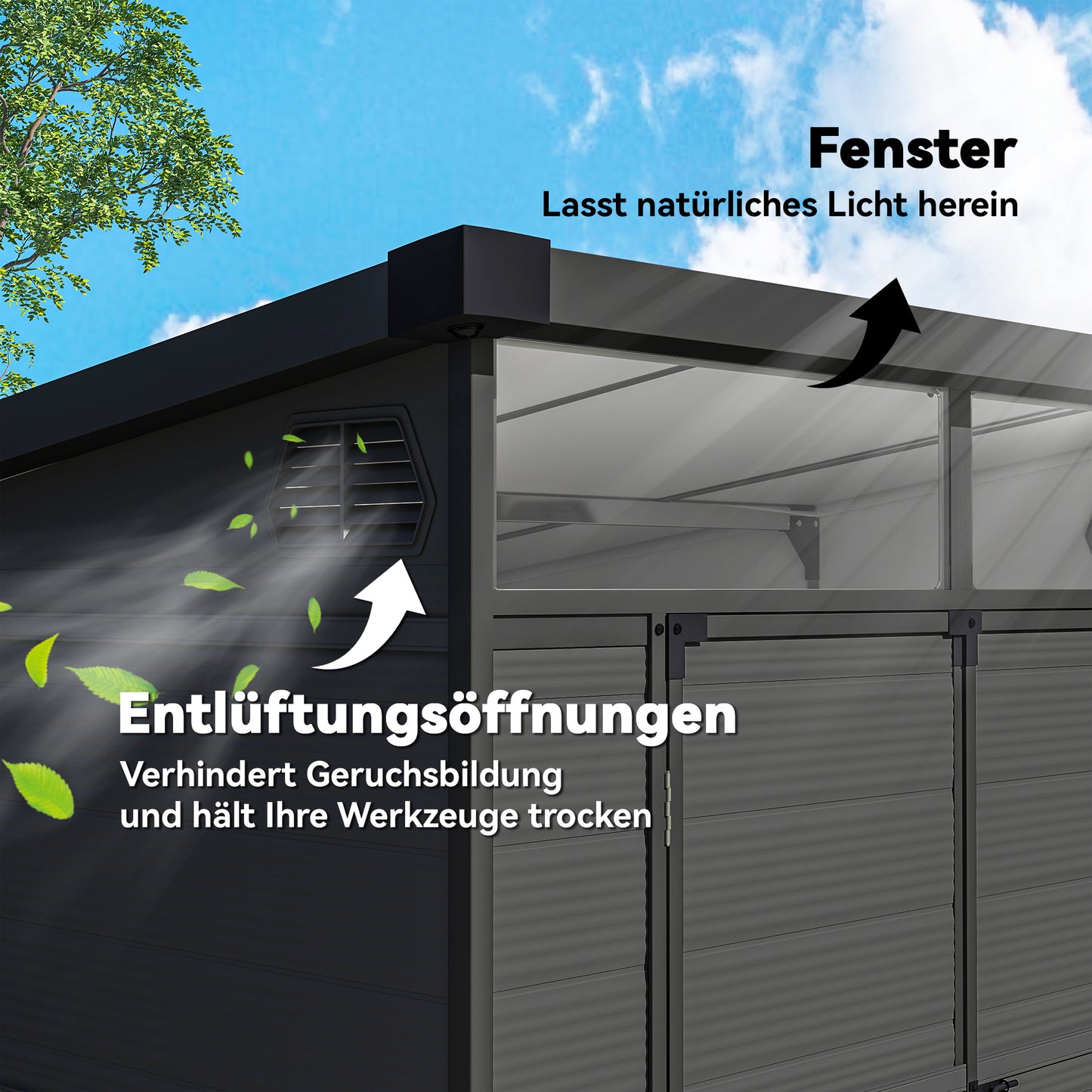 Outsunny 1,9 x 1,9 m Gartenschuppen, Werkzeugschuppen aus Kunststoff , verschließbare Türen, 2 Lüftungsöffnungen, Dunkelgrau