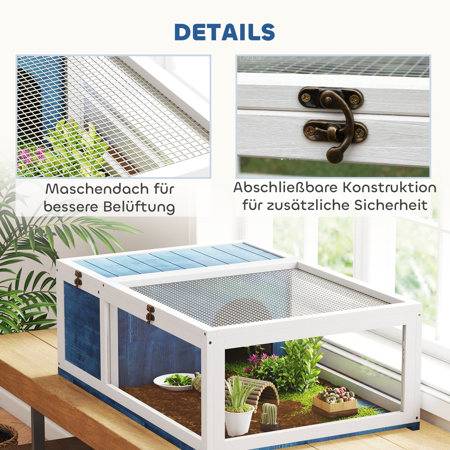 PawHut Schildkrötenhaus aus Holz Schildkrötengehege mit Haupthäusern aufklappbarem Oberseite 91x60,5x32 سم، أزرق
