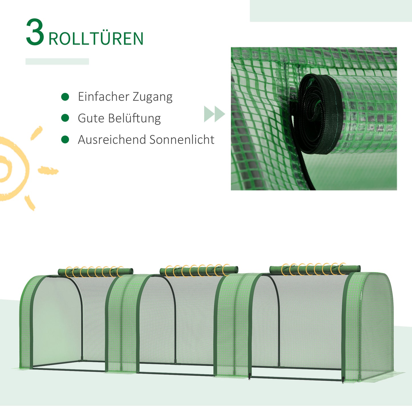 Outsunny Foliengewächshaus, drei aufrollbare Türen, robuste Plane, Stahlrahmen, grün, 2,95 x 1 x 0,8 m