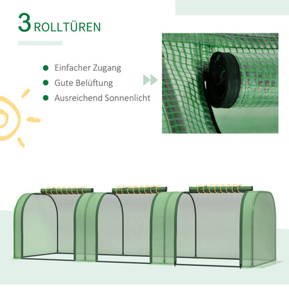 Outsunny Foliengewächshaus, drei aufrollbare Türen, robuste Plane, Stahlrahmen, grün, 2,95 x 1 x 0,8 m