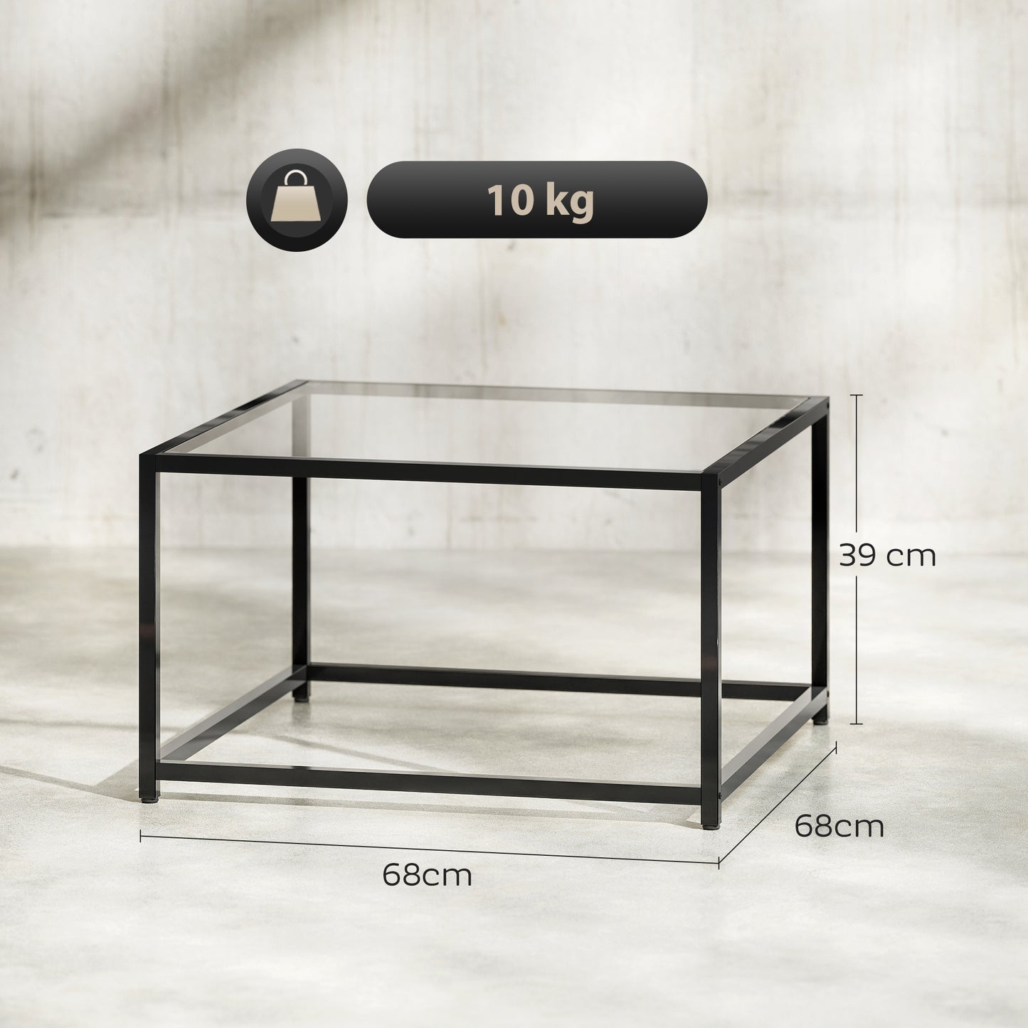 HOMCOM Beistelltisch Quadratisch Nachttisch mit Hartglas-Tischplatte, Couchtisch mit Beinen aus Stahl 68 x 68 x 39 cm Schwarz