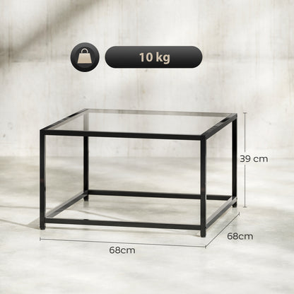 HOMCOM Beistelltisch Quadratisch Nachttisch mit Hartglas-Tischplatte, Couchtisch mit Beinen aus Stahl 68 x 68 x 39 cm Schwarz