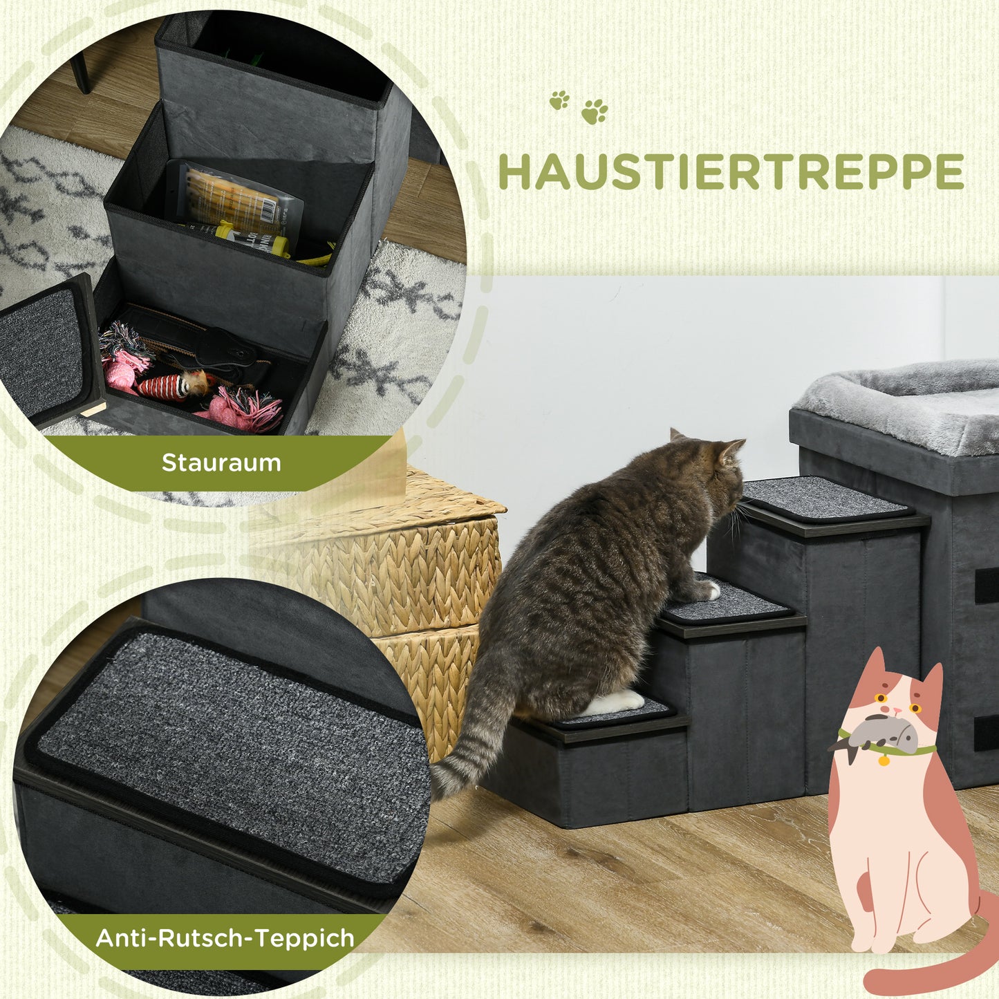 PawHut Katzenhaus Katzenhütte Katzenhöhle, 3 Haustiertreppen, 2 Fressnäpfe, 70 x 50 x 51, cm, Grau