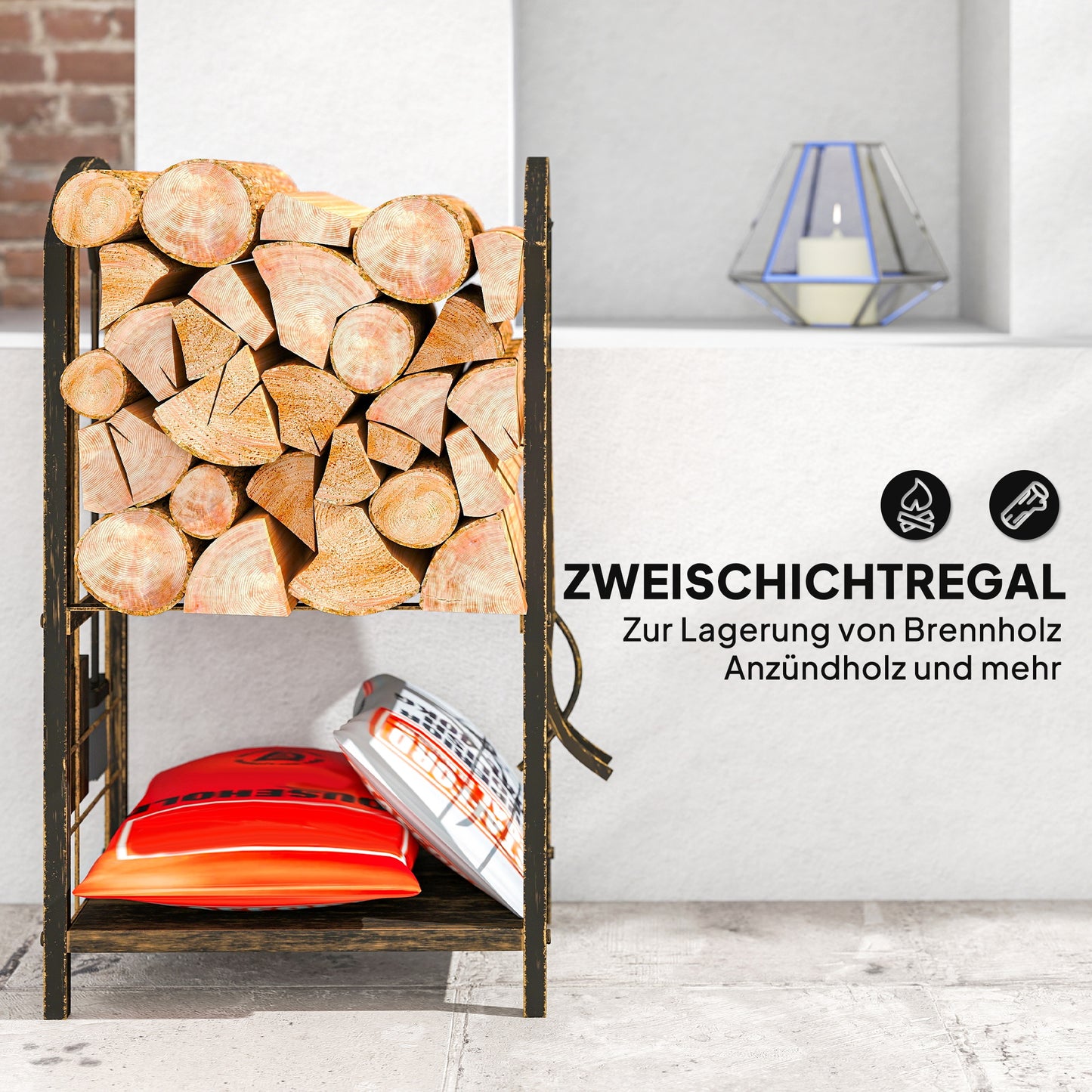 Outsunny Kaminholzregal für innen 43 x 30 x 74cm 2 Ebenen Brennholzregal mit 4 Kaminwerkzeug, هاكن