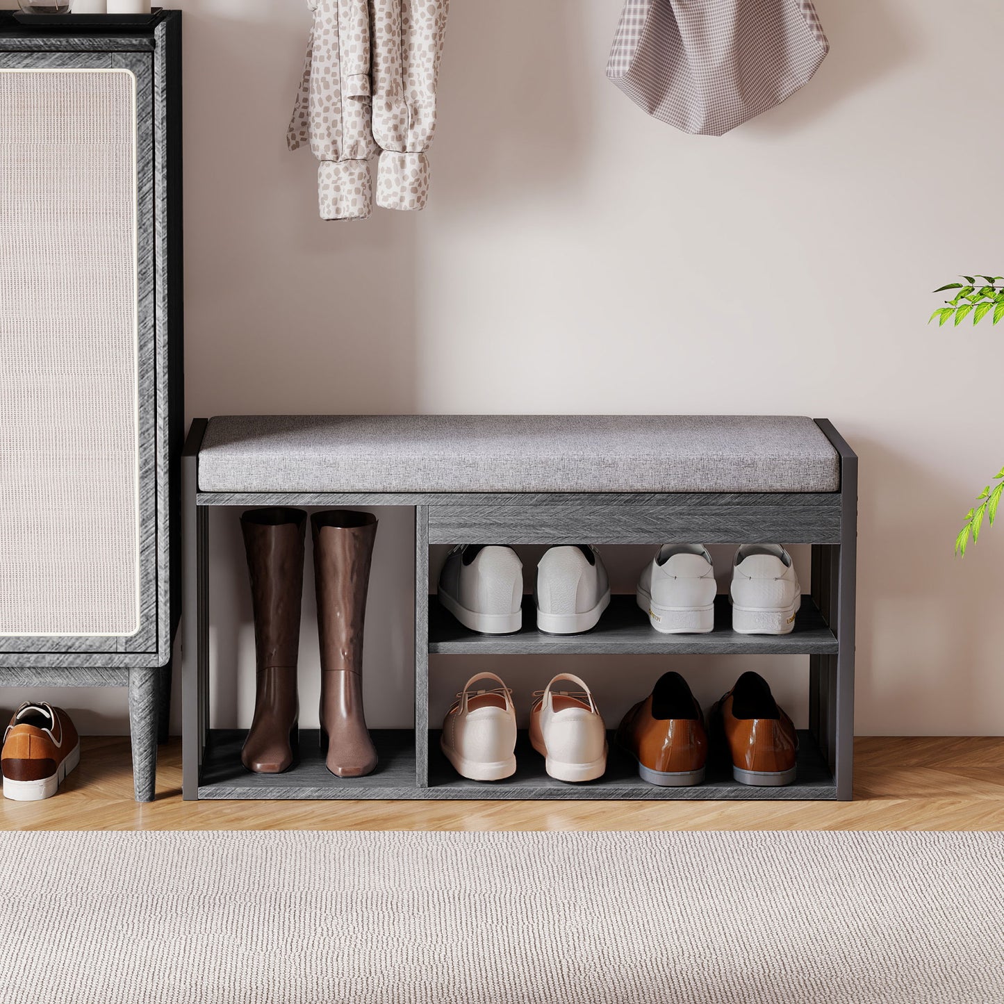 HOMCOM Schuhregal mit Sitzbank, Flurregal für Schuhe, Schuhschrank mit 3-stufigem Design, für Flur, Eingangsbereich, Wohnzimmer, Schlafzimmer, Grau
