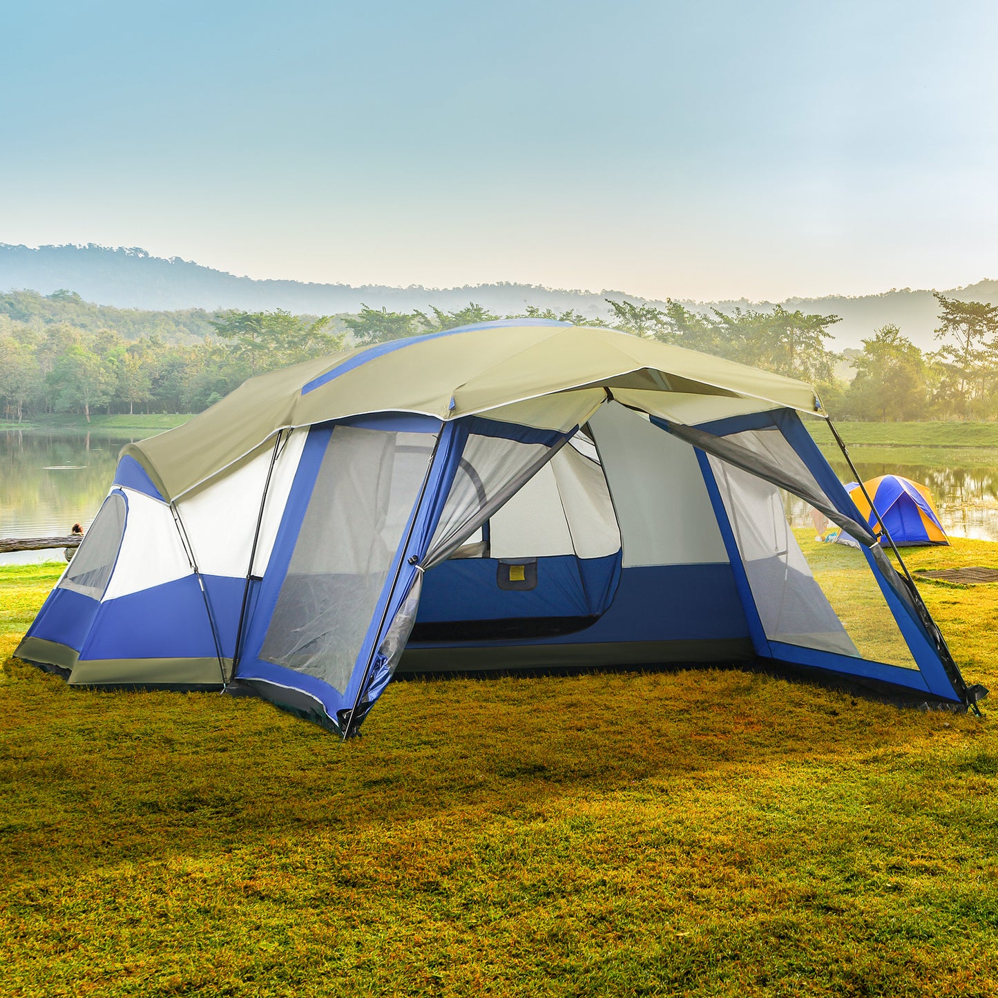 Outsunny Camping Zelt 6-8 Personen Zelt Familienzelt mit Vorraum 2 Fenster Kuppelzelt Kunstleder3000mm für Trekking Festival Glasfaser Blau 518 x 487 x 237 cm