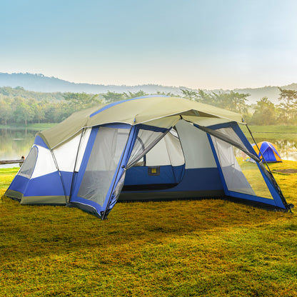Outsunny Camping Zelt 6-8 Personen Zelt Familienzelt mit Vorraum 2 Fenster Kuppelzelt Kunstleder3000mm für Trekking Festival Glasfaser Blau 518 x 487 x 237 cm