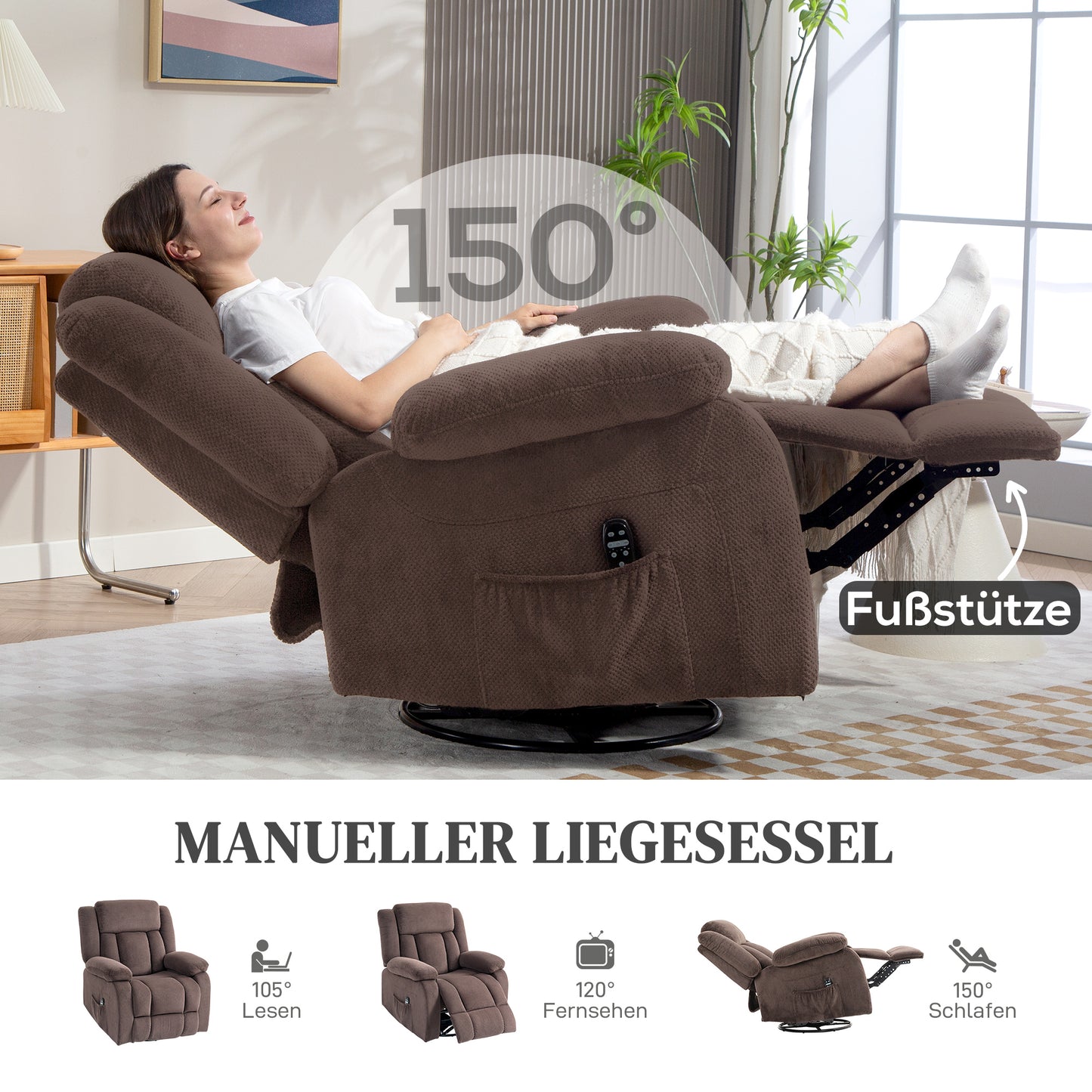 HOMCOM Massage-Sessel, 8 Vibrationspunkte, 5 Modi, Lendenheizung, verstellbar, drehbar, Polstersessel, Braun