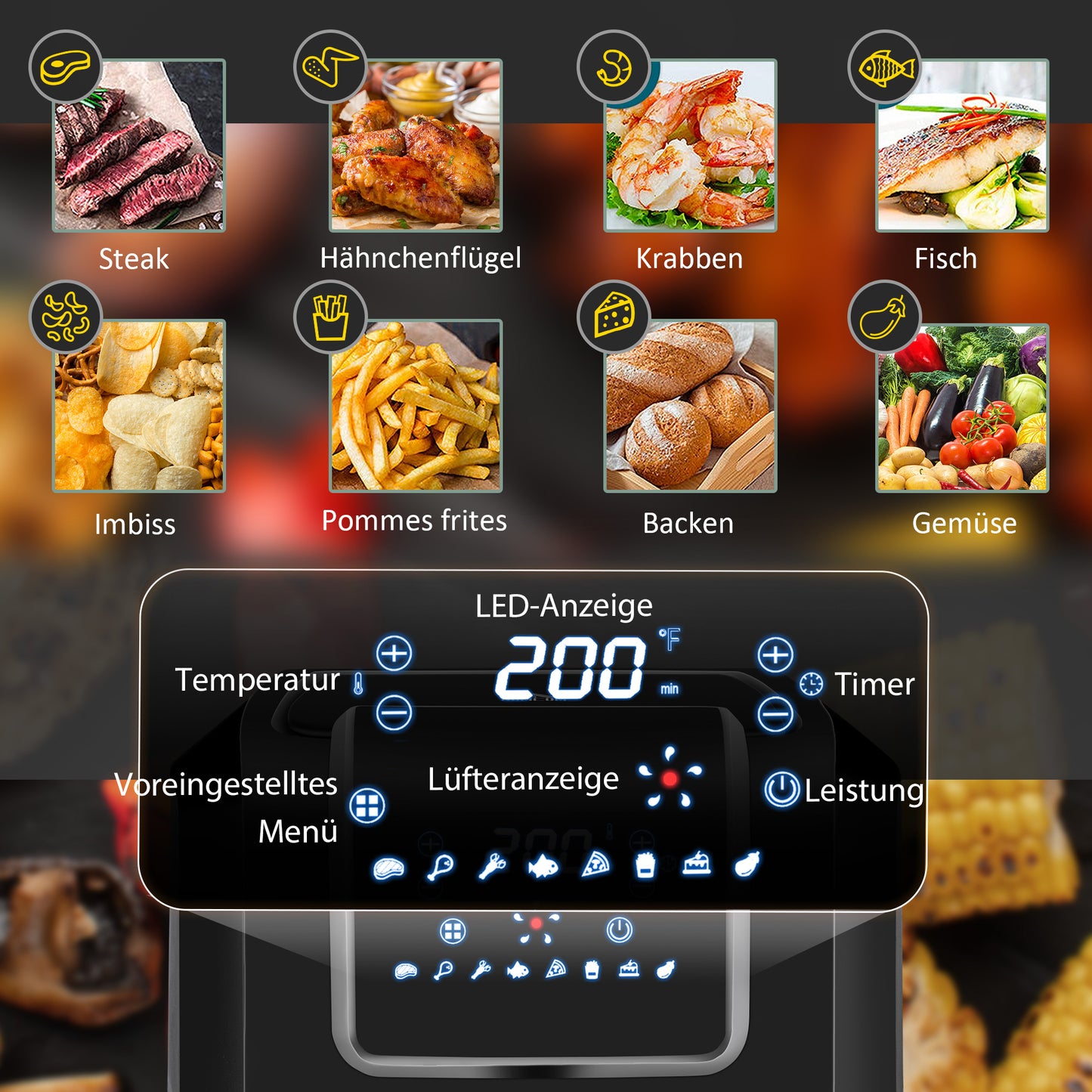 HOMCOM Heißluftfritteuse 6,5 L 1700W mit 8 Menüs LED-Display Antihaftbeschichteter Korb für gesundes ölfreies fettarmes Kochen Schwarz 36,5 x 29 x 33,8 cm