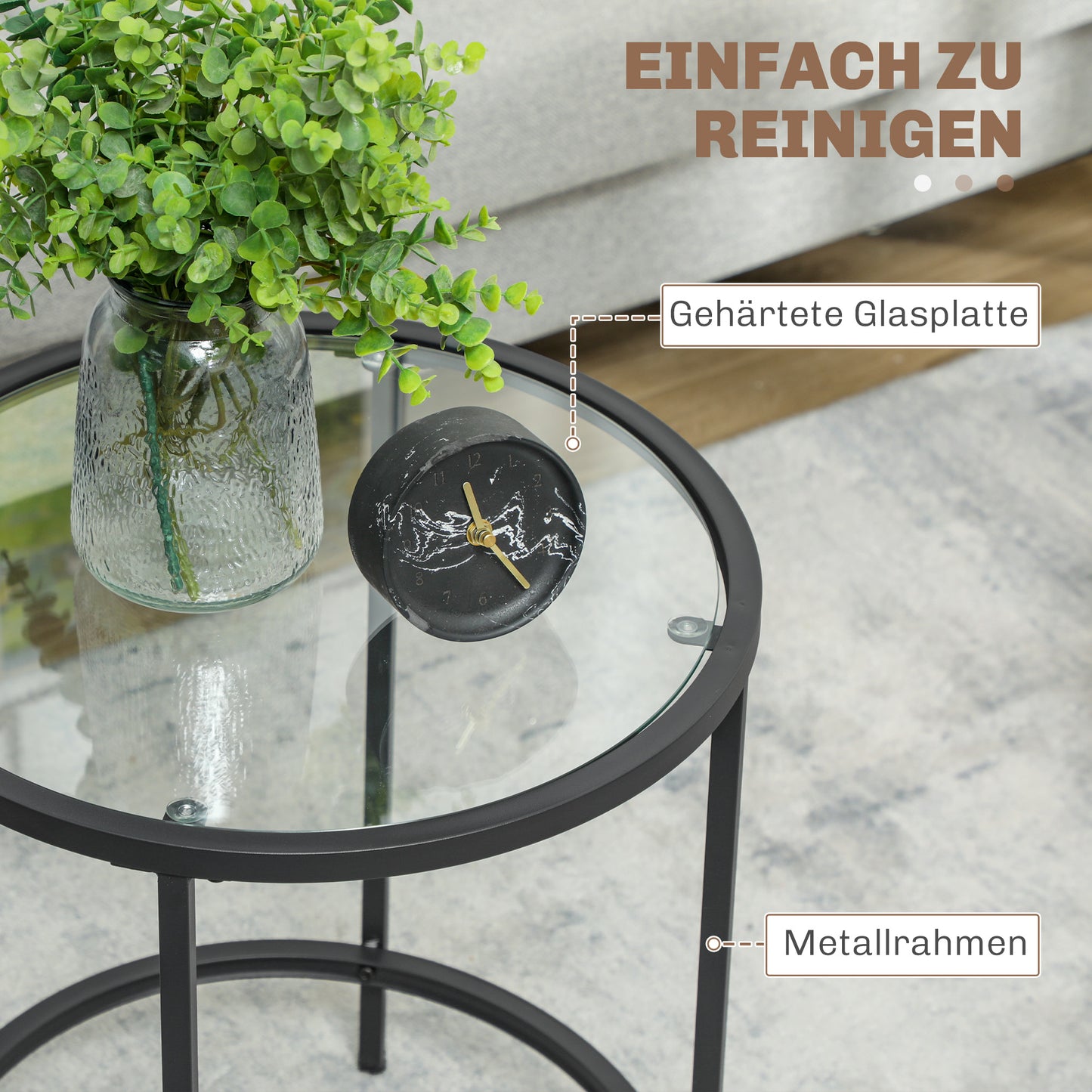 HOMCOM Runder Beistelltisch mit Glasplatte und Metallrahmen, kleiner Kaffeetisch für Wohnzimmer, Schlafzimmer, Schwarz