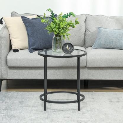 HOMCOM Runder Beistelltisch mit Glasplatte und Metallrahmen, kleiner Kaffeetisch für Wohnzimmer, Schlafzimmer, Schwarz