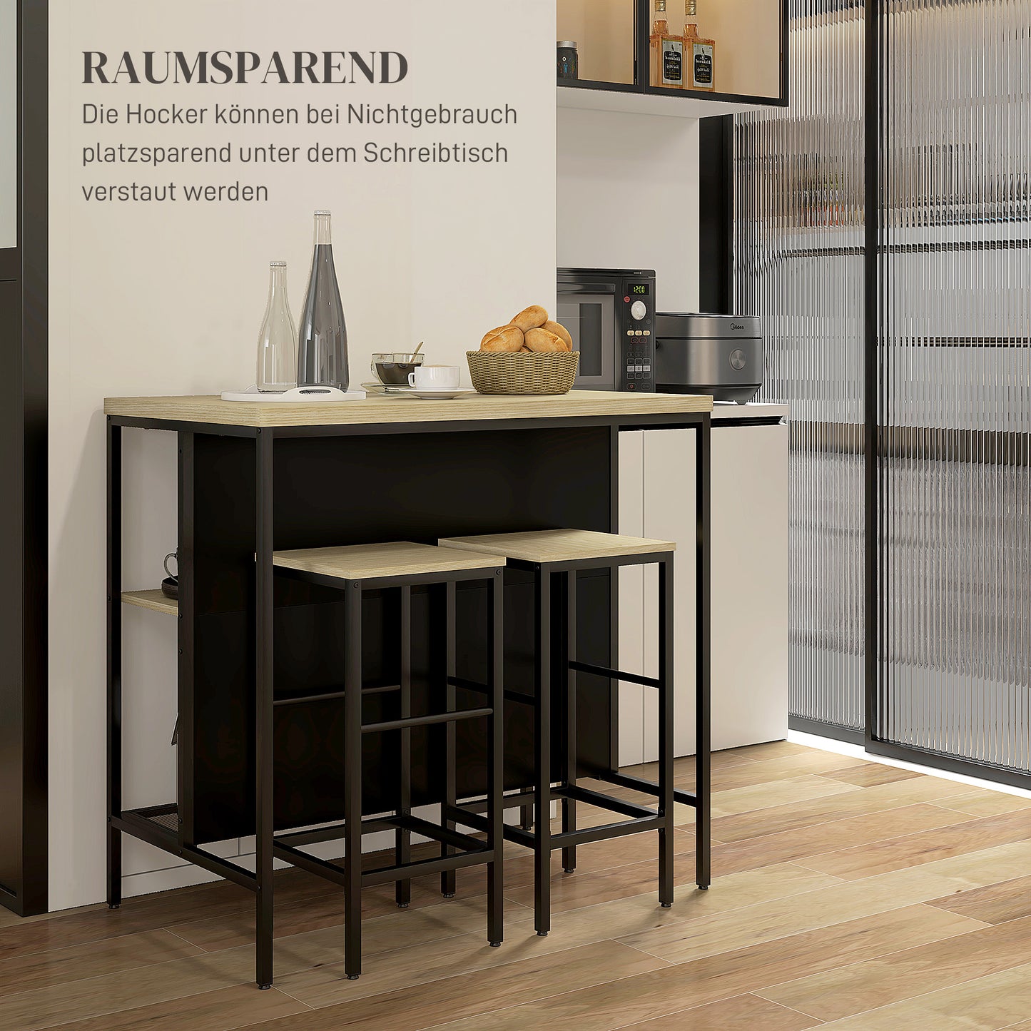 HOMCOM Bar-Set, 2 Barstühle & 1 Bartisch, fleckenresistent, stabil, Stahlrahmen, Schwarz/Eiche