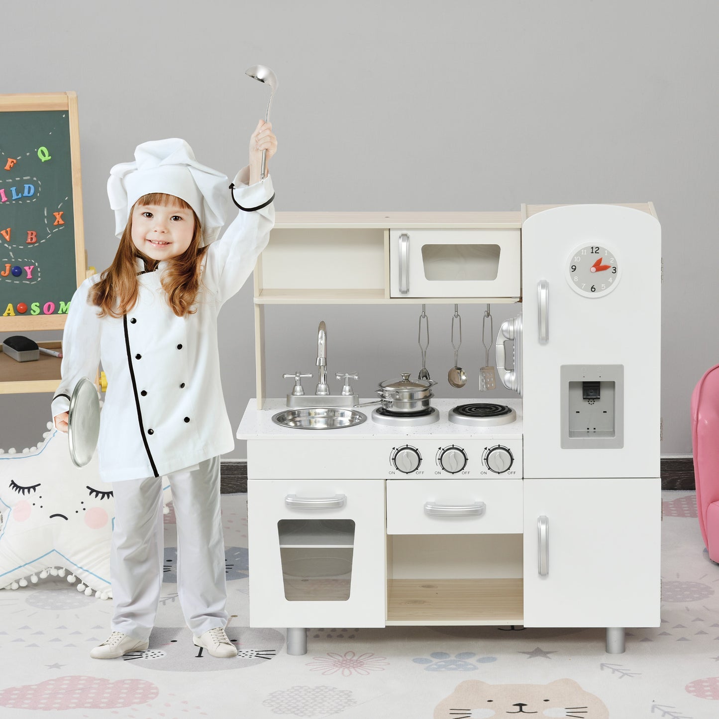 HOMCOM Kinderküche mit Zubehör, Traumküche, Spielküche, Spielzeugküche für Kinder ab 3 Jahren, Kiefer, MDF, Weiß, 74 x 30 x 81 cm
