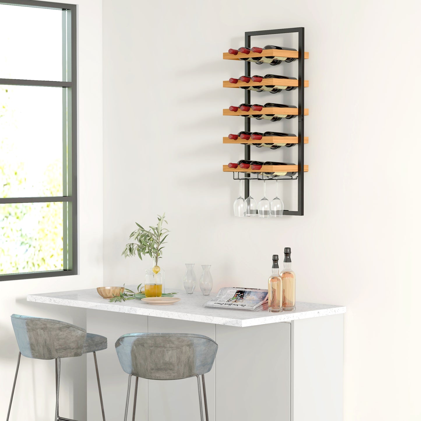 HOMCOM Wand-Weinregal, 5 Ebenen, Flaschenhalter, Gläserhalter, Kiefernholz, Stahl, Hausbar, Küche, Wohnzimmer, Braun