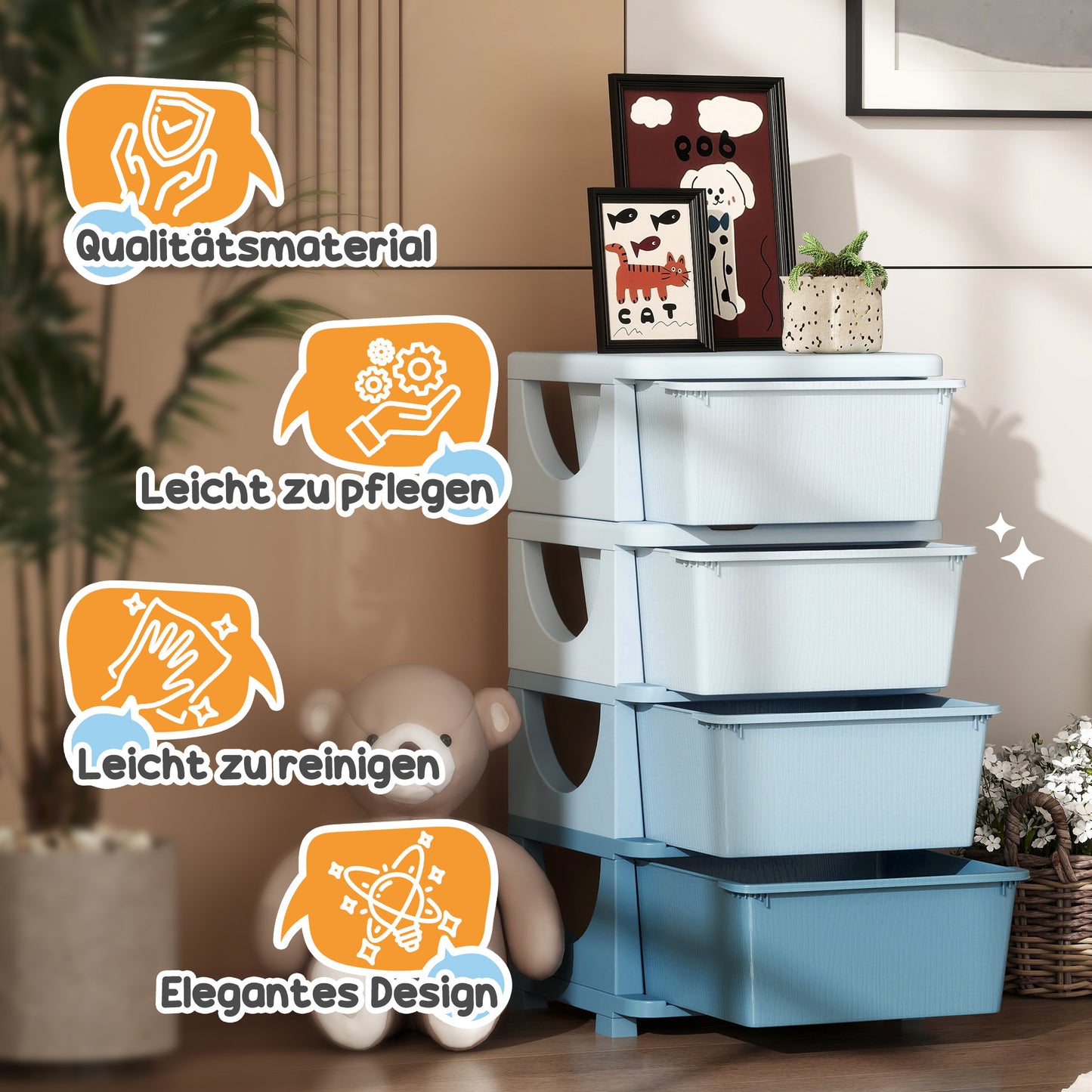 HOMCOM Aufbewahrungsboxen für Kinder, 4 Schubladen, abgerundete Kanten, erhöhtes Design, Kunststoff, Blau