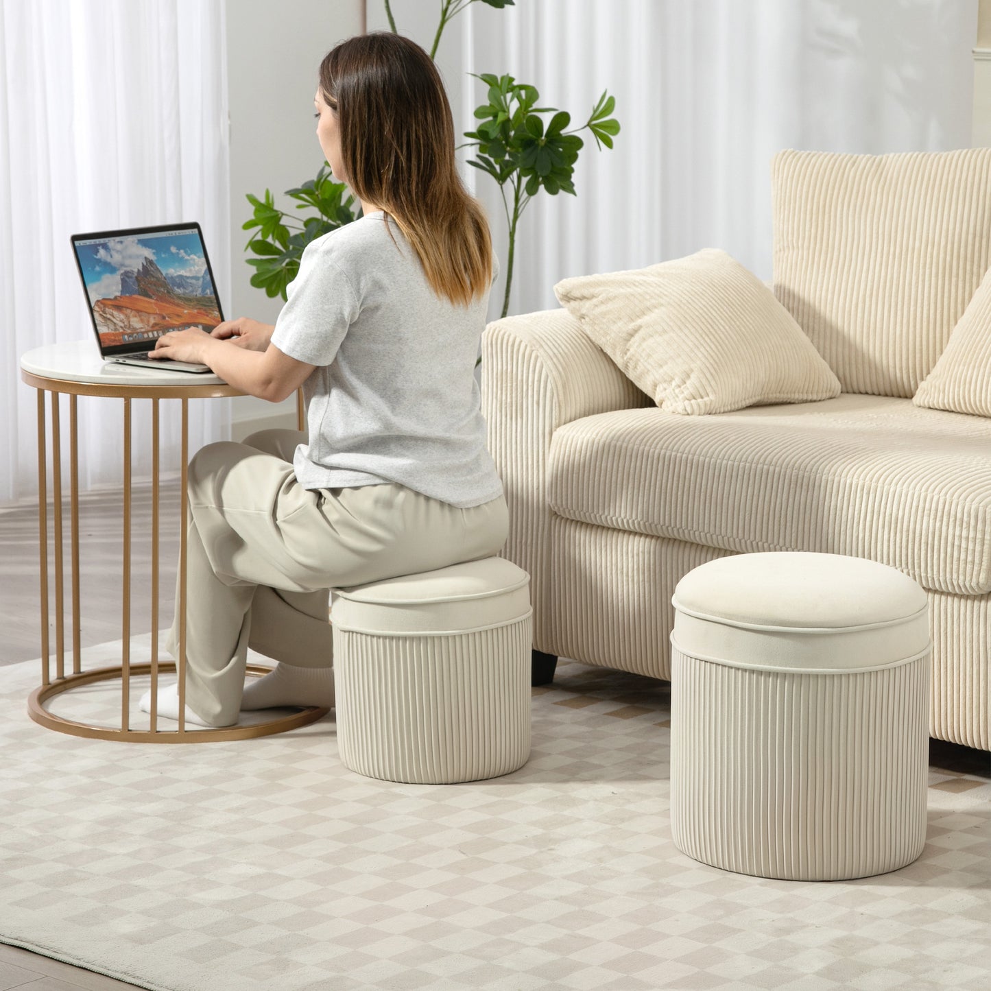 HOMCOM 2er Set Sitzhocker mit Stauraum Hocker mit Deckel, Runder Fußhocker mit Samtoptik 36 x 36 x 41,5 cm Cremeweiß