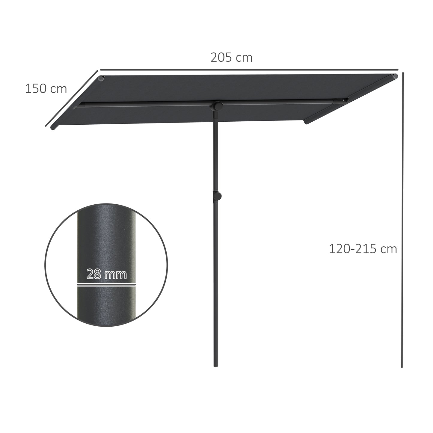 Outsunny Sonnenschirm 180 Grad drehbar Höhenverstellbar Gartenschirm mit Aluminium-Mast 150x205cm Dunkelgrau