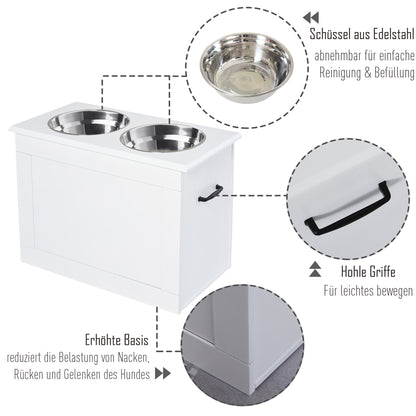 PawHut Erhöhter Hundenapf Futternapf mit Staumraum Wassernapf 2 x 2000ml Edelstahlnäpfen Hundenäpfe Fressnapf Futterstation für Hunde Katzen Weiß
