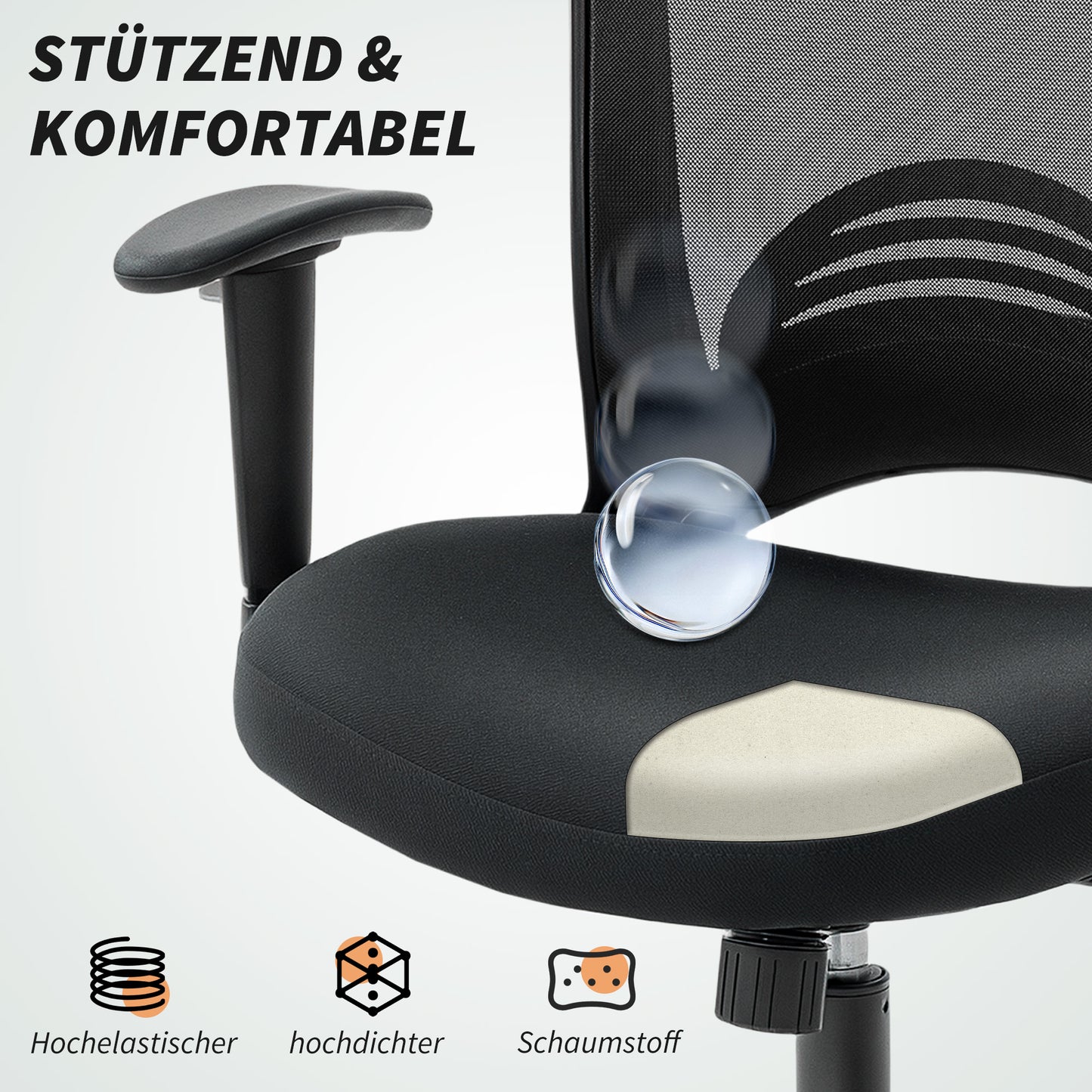 HOMCOM Netz-Bürostuhl, verstellbarer Schreibtischstuhl mit Netzstoff-Rückenlehne, rollbar, mit Kippfunktion, Schwarz